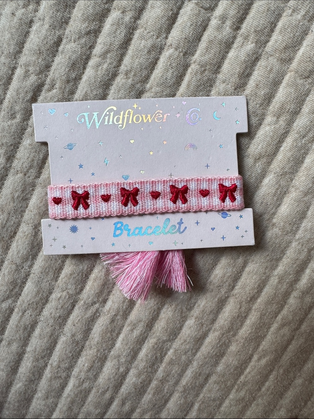 Wildflowers Pink Bracelet with Red Bow Embroidery